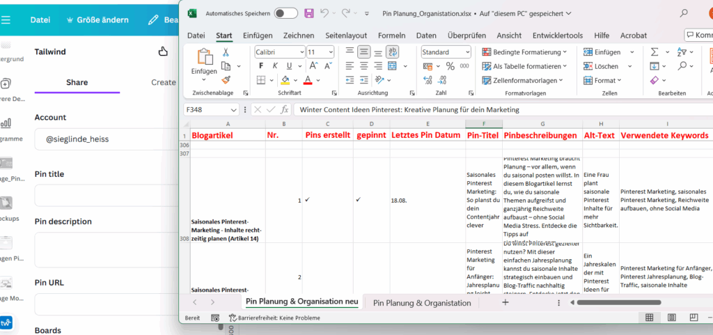 Excel Vorlage für Pinterest Pins im Canva Tailwind Workflow