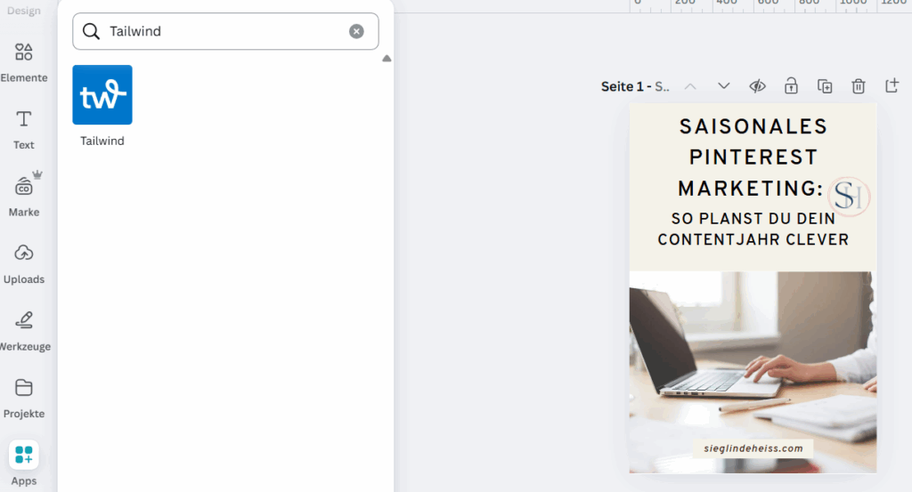 Tailwind App in Canva nutzen für den direkten Pinterest Workflow.