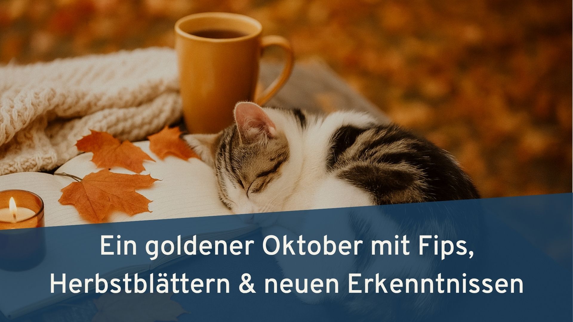 Katze liegt gemütlich auf einem Tisch und schhläft. Neben ihm steht eine Tasse Tee und im Hintergrund ist Herbstlaub.